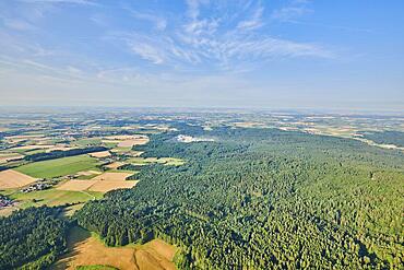 Aerial view over the fields and forests near Woerth an der Donau, Regensburg, Bavaria, Germany, Europe