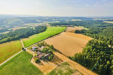 Aerial view over the fields and forests near Woerth an der Donau, Regensburg, Bavaria, Germany, Europe