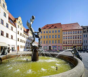 Market Fountain Fools and Musicians by artist Erika Harbort, Market Square, Torgau, Saxony, Germany, Europe