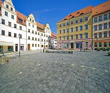 Market square with town houses and Mohren pharmacy, Torgau, Saxony, Germany, Europe