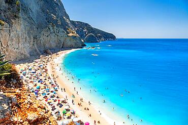 Panoramic view from above of Porto Katsiki beach on Lefkada island in summer, Greece, Europe