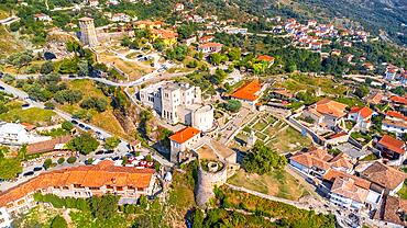 Aerial drone view of Kruje Castle and its fortress. Albania