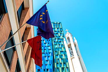 Mix of colored Towers next to the Orthodox Cathedral of the Resurrection of Christ near Skanderbeg Square in Tirana. Albania