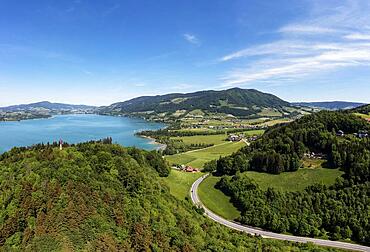 Drone shot, view to the village of Loibichl am Mondsee, Salzkammergut, Upper Austria, Austria, Europe