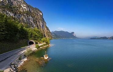 Drone image, Kreuzstein at Mondsee with Kienbergwandtunnel, Salzkammergut, Upper Austria, Austria, Europe