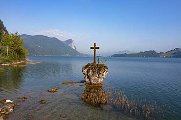 Drone shot, Kreuzstein am Mondsee, Salzkammergut, Upper Austria, Austria, Europe