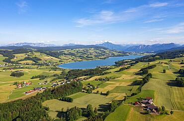 Drone photo, panorama photo, agricultural landscape with village Oberhofen am Irrsee, Irrsee, Hausruckviertel, Upper Austria, Austria, Europe