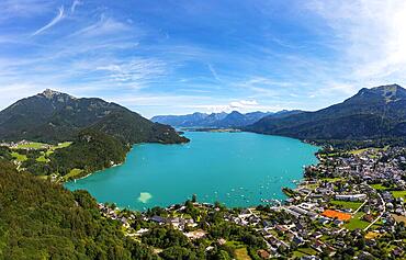 Drone shot, panorama shot, Wolfgangsee with Schafberg and Zwoelferhorn, Sankt Gilgen, Salzkammergut, Land Salzburg, Austria, Europe