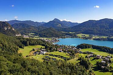 Drone shot, Fuschlsee, Fuschl am See with golf course, Salzkammergut, Land Salzburg, Austria, Europe