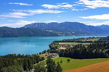 Drone shot, panorama shot, Zell am Attersee with Hoellengebirge, Salzkammergut, Upper Austria, Austria, Europe