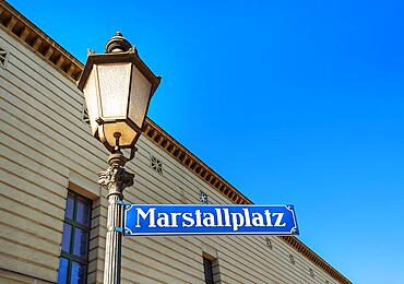 Lantern and sign with place name, Marstallplatz, Munich, Upper Bavaria, Bavaria, Germany, Europe