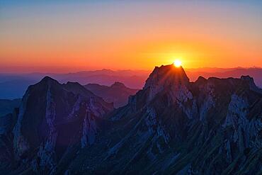 Alpstein Mountains at sunrise, view of Mount Hoher Kasten, Canton Appenzell Innerrhoden, Switzerland, Europe