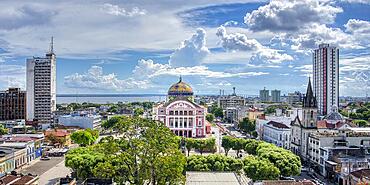 View over Manaus and Belle Epoque Amazon Theatre, Manaus, Amazonia State, Brazil, South America