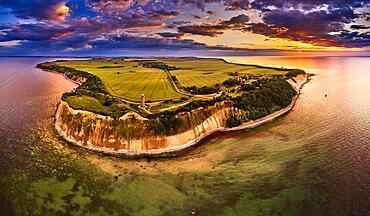 Drone view of lighthouses in sunset from northern part of island of Ruegen, called Kap Arkona