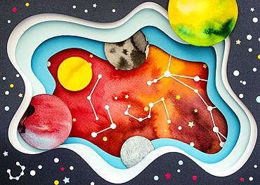 Flat lay creative paper planets assortment