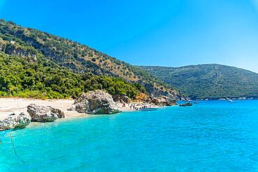 Paradise beach of Kroreza or Krorez from the boat on the Albanian riviera in Sarande, Albania, Europe