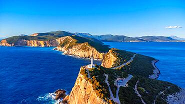 Aerial view of the Lighthouse or Cabo Ducato Lefkas in the southern area of the island of Lefkada. Greece