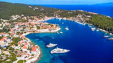 Aerial drone view of Fiskardo village port on Kefalonia island, Greece, Europe