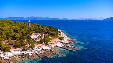 Aerial view of the Venetian Lighthouse in the village of Fiskardo on the island of Kefalonia, Greece, Europe