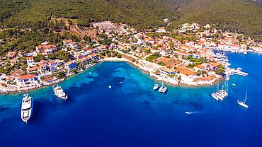 Aerial view of the port of Fiskardo village on the island of Kefalonia, Greece, Europe