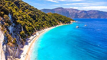 Aerial view of the paradise beach of Gidaki on the island of Ithaki or Ithaca in the Ionian sea in the Mediterranean sea of Greece