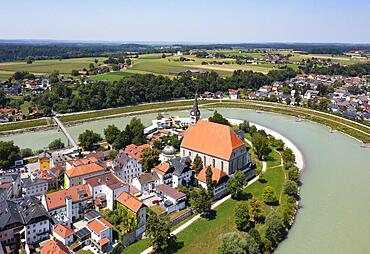 Drone shot, collegiate church, Laufen an der Salzach, Rupertiwinkel, Upper Bavaria, Bavaria, Germany, Europe