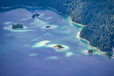 Detailed view of islands and forest at the Eibsee lake, Bavaria, Germany, Europe