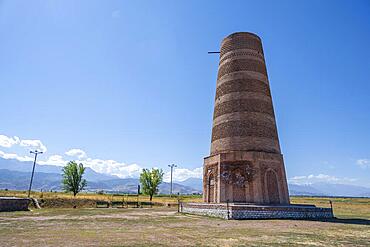 Burana Tower, remains of Karakhanid Minaret, histroic ancient city of Balasagun on the Silk Road, Balbals, historic tombstones in the shape of human faces, near Tokmok, Chuy, Kyrgyzstan, Asia