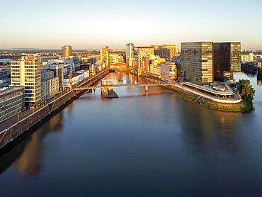 Modern Architecture at the Media Harbour at sunrise; Duesseldorf, North Rhine Westphalia, Germany, Europe