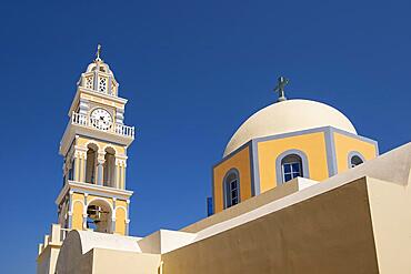 Dome and Church-tower of Catholic Cathedral of St. John the Baptist, Fira, Santorini, Greece, Europe