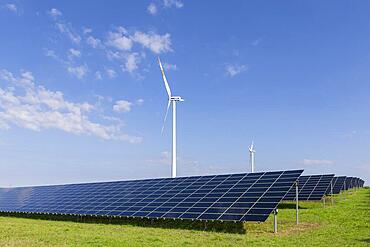 Renewable energies, solar park with wind turbines, photovoltaics, solar panels, Bavaria, Germany, Europe