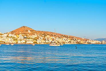 Panoramic view of the beach and the city from Saranda Beach on the Albanian Riviera in Sarande, Albania, Europe