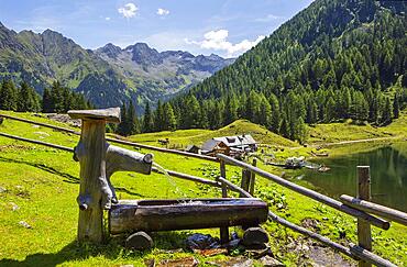 Wooden well on the mountain pasture with Duisitzkarsee, Obertal, Schladminger Tauern, Schladming, Styria, Austria, Europe