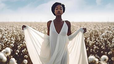 Contemplative mysterious african american woman standing amidst the cotton field. generative AI