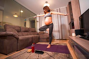 A young pregnant Caucasian woman doing pilates exercise at home in the living room. Online exercises in prepartum classes