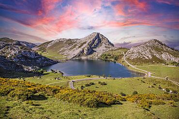 The beautiful lake of Covadonga in Asturias, a beautiful spring sunset, Picos de Europa. Spain