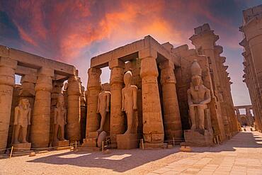 Sculptures of ancient Egyptian pharaohs and drawings on the columns of the Luxor Temple in the evening. Egypt