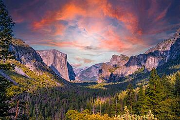 Tunnel View Overlook in a gorgeous summer sunrise, Yosemite National Park, California. United States