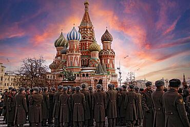 Moscow, Russia, January 2016: an academy of soldiers visiting Red Square in Moscow in a beautiful sunset, Europe