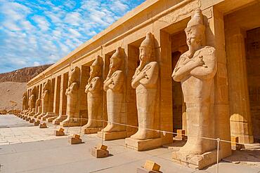 Sculptures of pharaohs entering the Funerary Temple of Hatshepsut in Luxor. Egypt