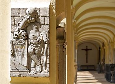 Crypt arcades, grave counters in the arcade of St. Sebastian's Cemetery, Church of St. Peter, Salzburg, Austria, Europe