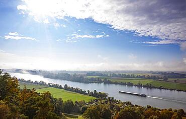 Cargo ship in the morning mist on the Danube near Regensburg, Bavaria, Germany, Europe