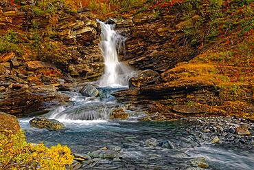 Waterfall at Bjoerkliden, autumn atmosphere, Kiruna, Norrbottens laen, Lapland, Northern Sweden, Sweden, Europe