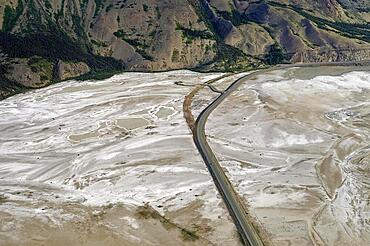 Aerial view of the Alaska Highway in the Slims River Valley, with Sheep Mountain in the background, Yukon Territory, Canada, North America