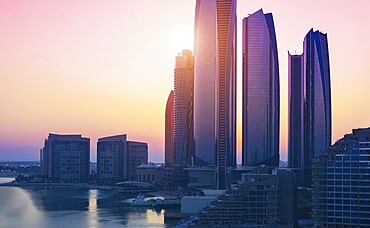 UAE, United Arab Emirates, Abu Dhabi waterfront downtown marina and coastal panorama and skyline, Asia