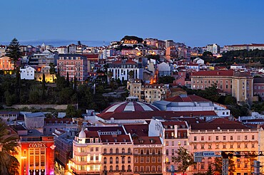 View from the viewpoint Miradouro de São Pedro de Alcântara to Miradouro de Santa Catarina, city view, Lisbon, evening mood, twilight, blue hour, Portugal, Europe