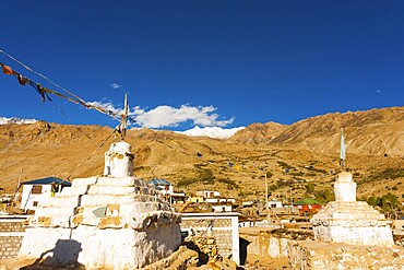 Buddhist stupas at a small temple complex in Nako, a village in the Spiti Valley of Himachal Pradesh, India, Asia