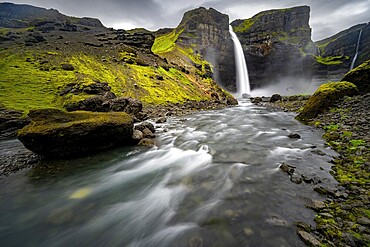 Haifoss and Granni waterfall at a canyon, Fossá í Þjórsárdal, with river í Þjórsárdal, long exposure, dramatic landscape, Hekla, Iceland, Europe