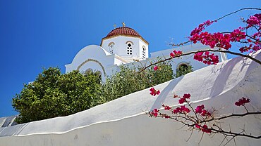 A white wall with a view of a church with a red dome and colourful vegetation under a blue sky, Chora, Old Town, Patmos, Dodecanese, Greek Islands, Greece, Europe