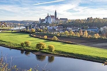 View over Elbe river to town Meissen with castle Albrechtsburg, autumn, Germany, Europe